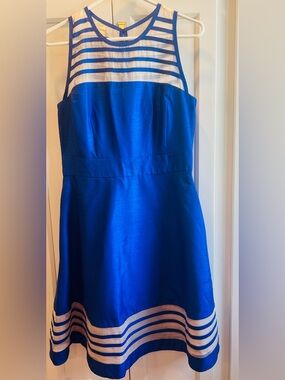 Women’s Silk, Royal Blue and White Fit & Flare Dress.  Size M